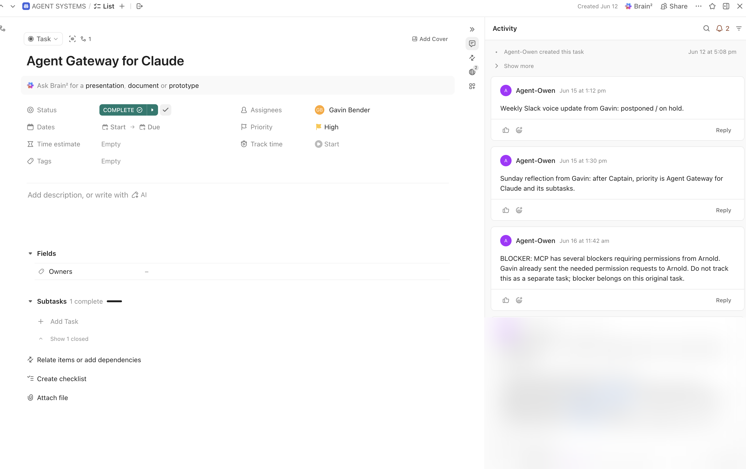 Captain posting project updates and blockers in ClickUp